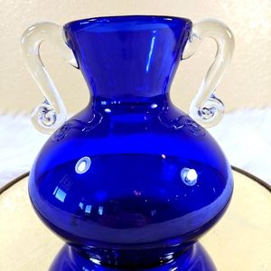 Polish Cobalt Blue Vase Art Glass Hand Blown  Double Handle
